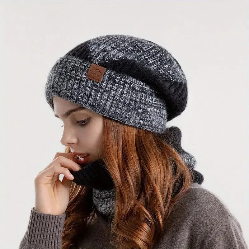 2-Pieces: Two-Tone Warm Knit Winter Hat