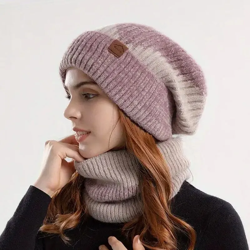 2-Pieces: Two-Tone Warm Knit Winter Hat