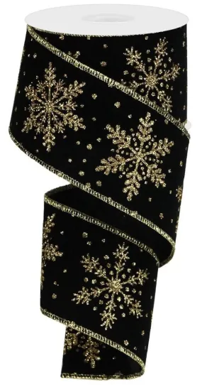 2.5" Velvet Glitter Snowflake Ribbon: Black/Gold - 10yds