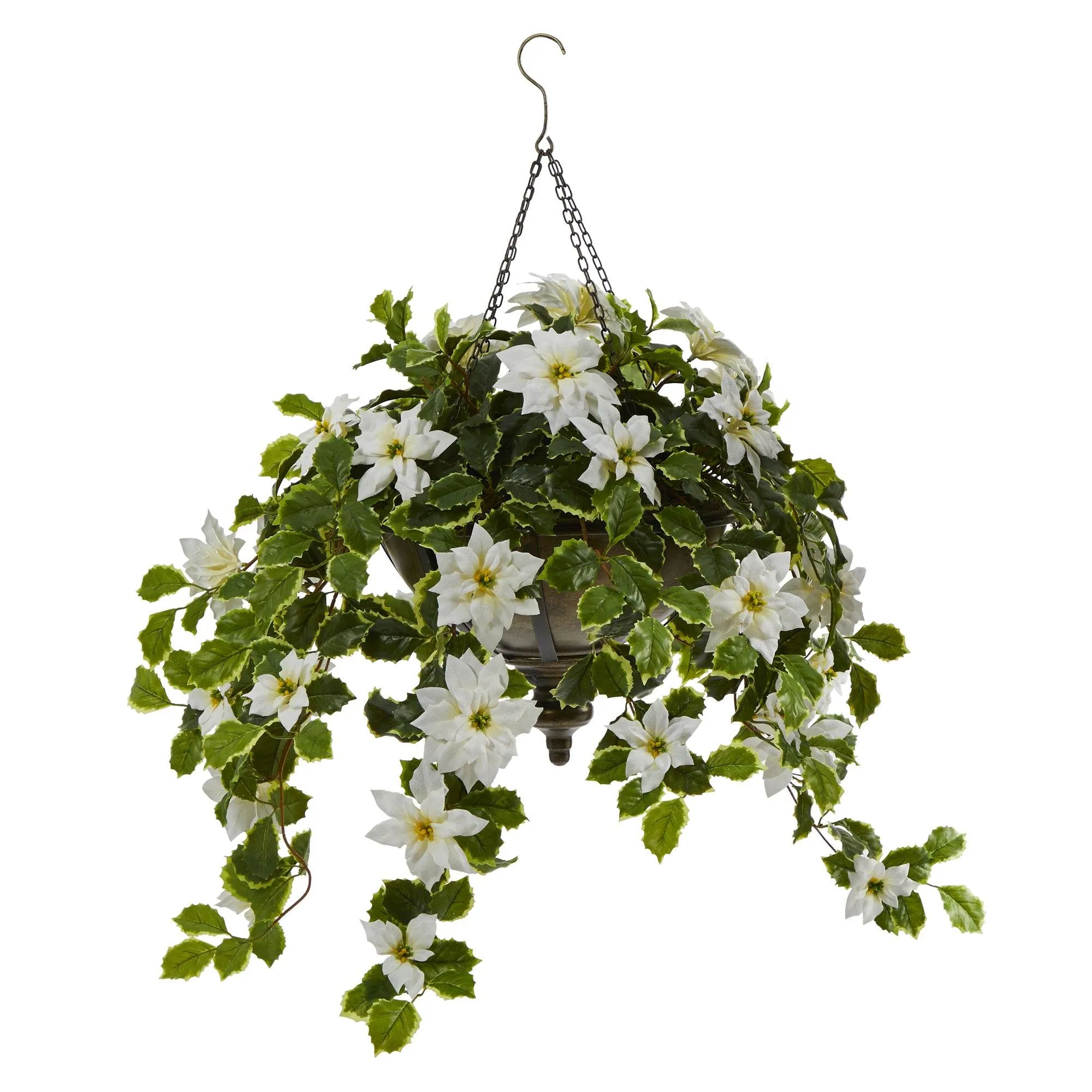 3’ Poinsettia and Variegated Holly Artificial Plant in Metal Hanging Bowl (Real Touch)