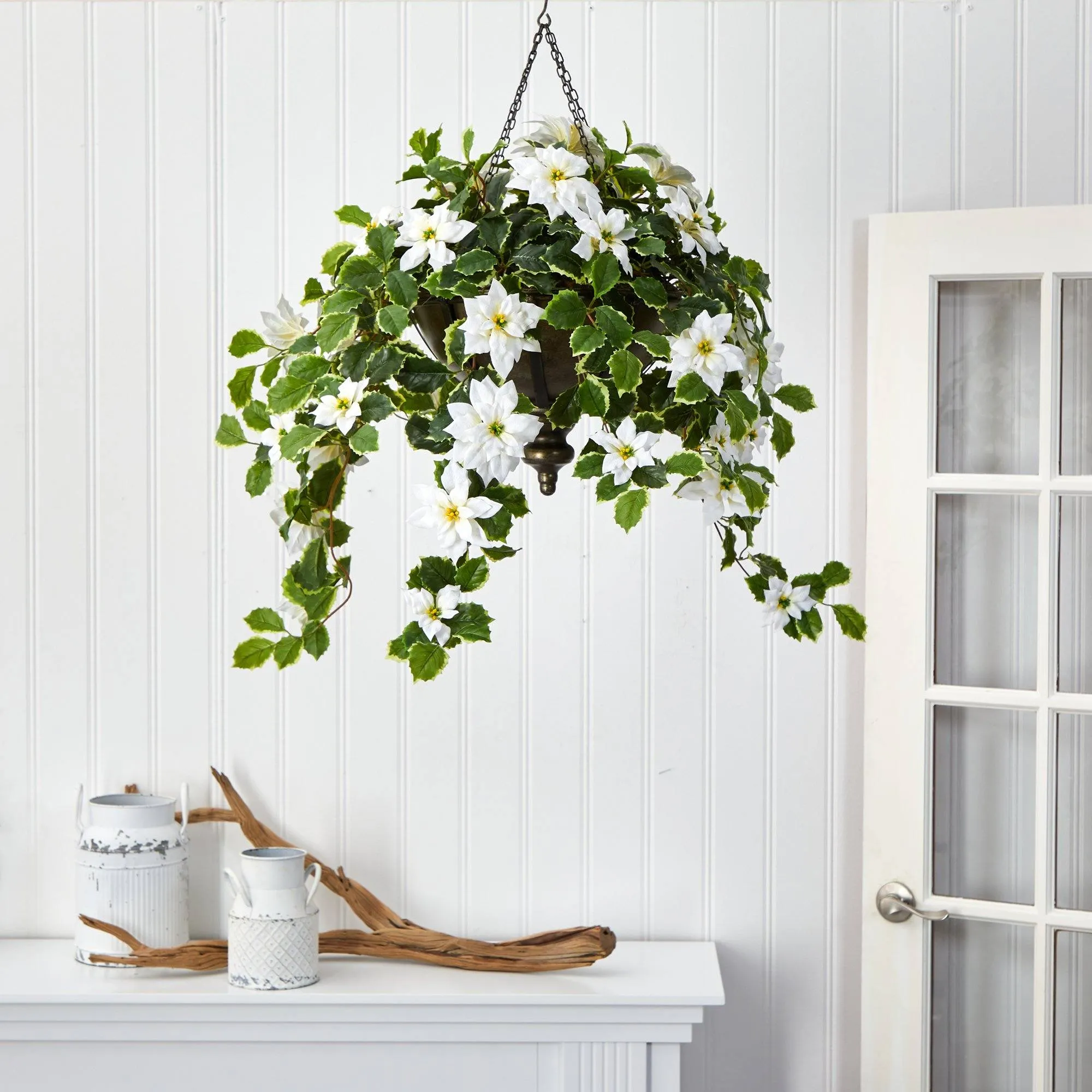 3’ Poinsettia and Variegated Holly Artificial Plant in Metal Hanging Bowl (Real Touch)