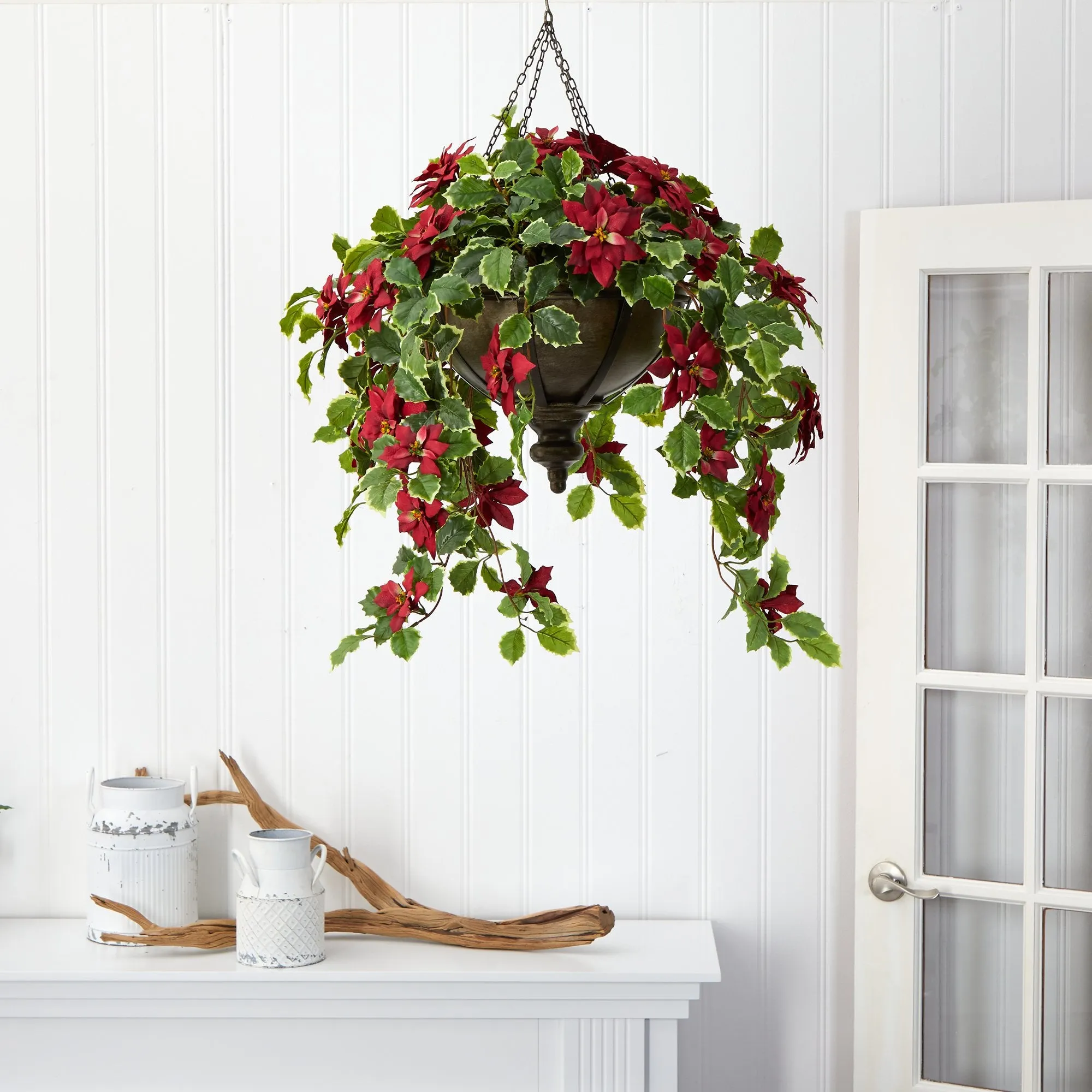 3’ Poinsettia and Variegated Holly Artificial Plant in Metal Hanging Bowl (Real Touch)