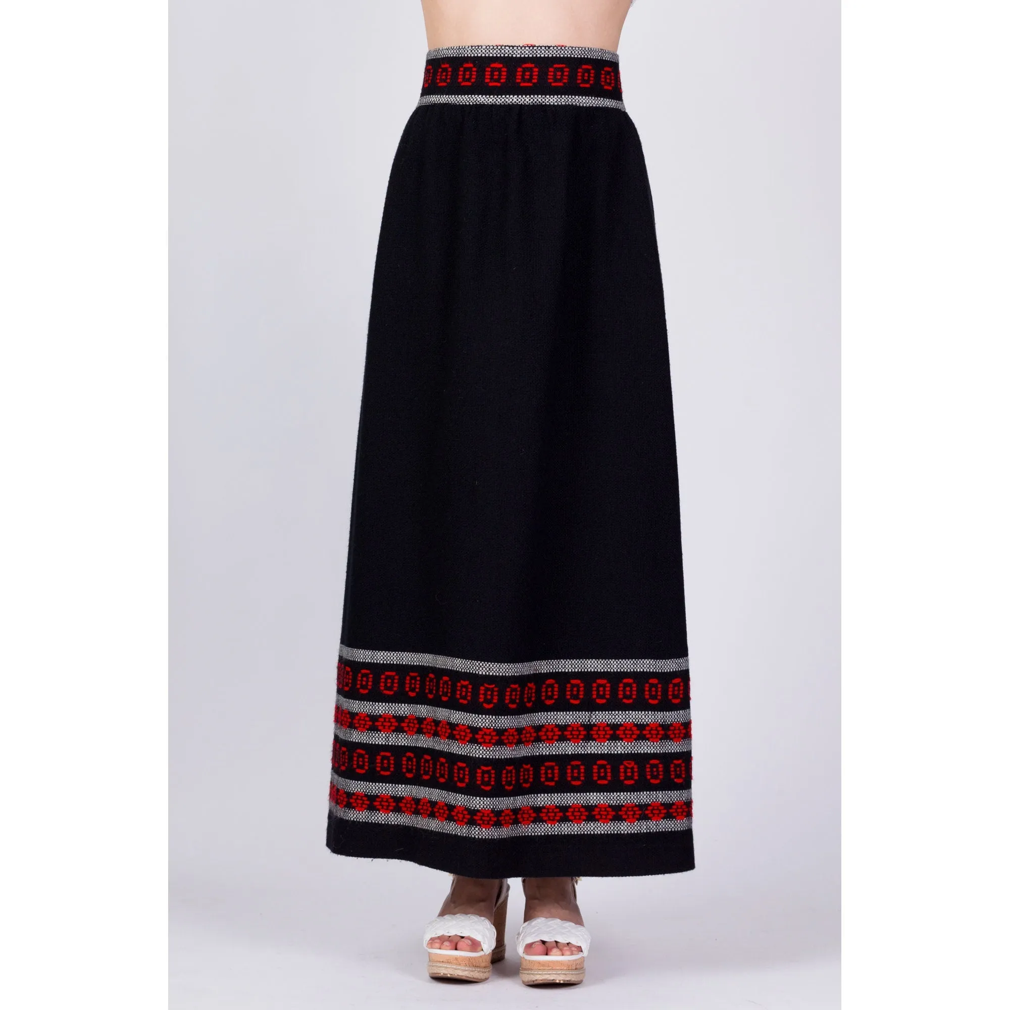 60s 70s Black Striped Folk Maxi Skirt - Small, 27"