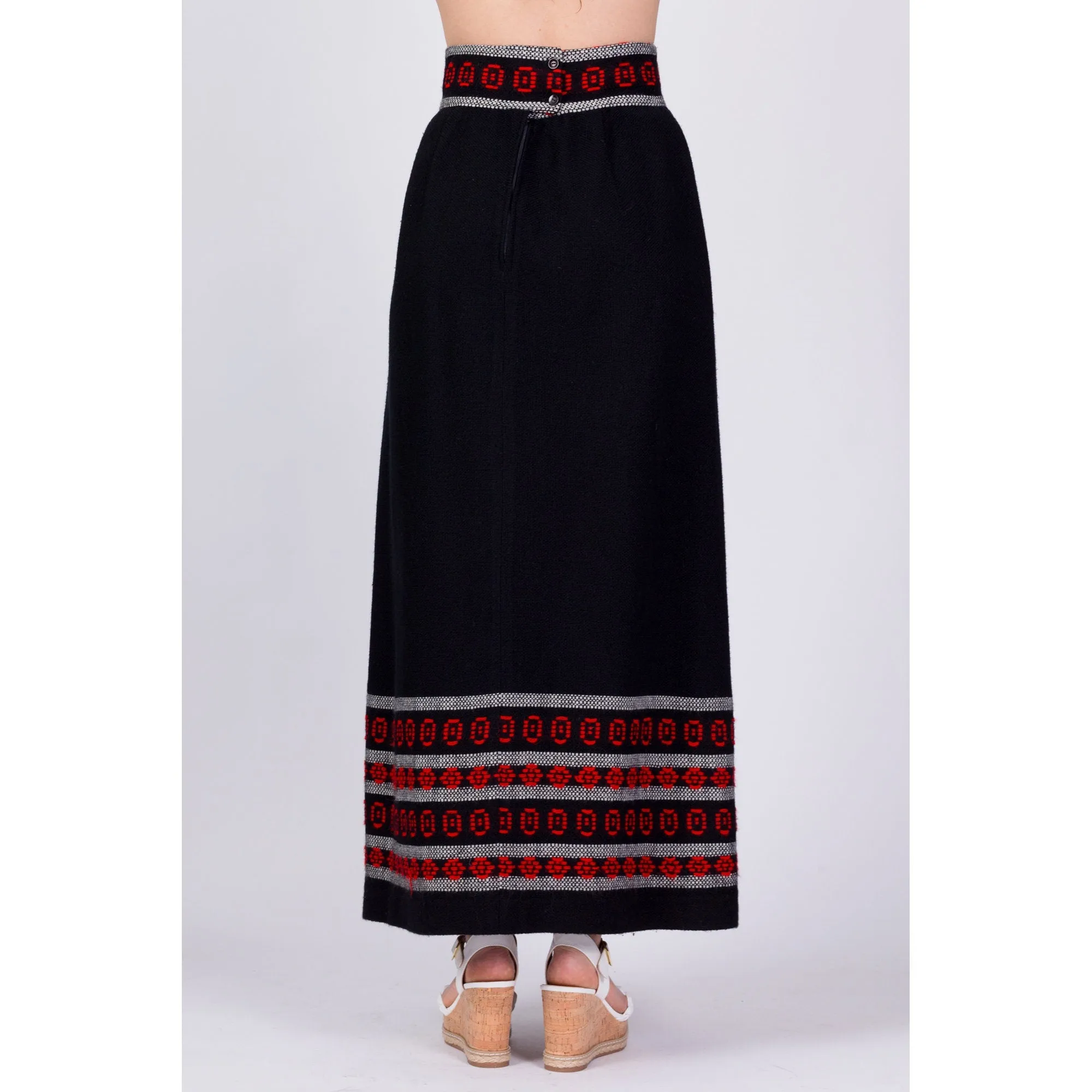 60s 70s Black Striped Folk Maxi Skirt - Small, 27"