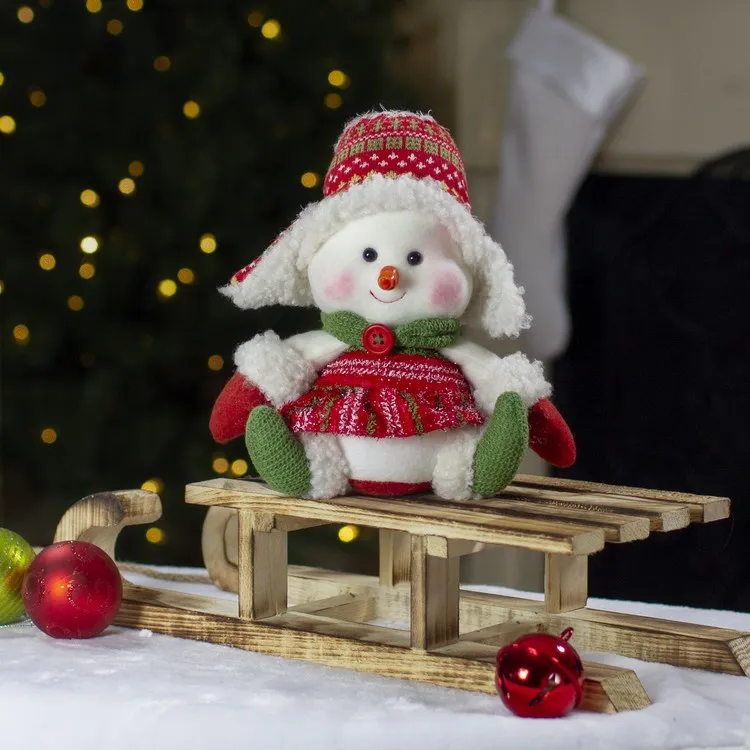 8" Red and Green Sitting Snowman Girl Christmas Figure