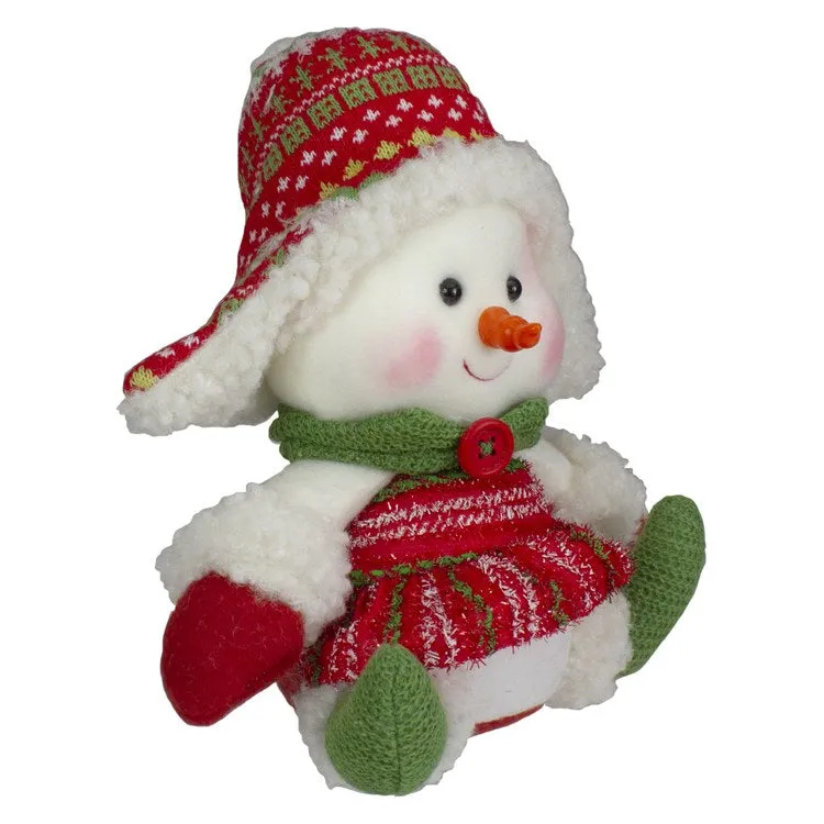 8" Red and Green Sitting Snowman Girl Christmas Figure