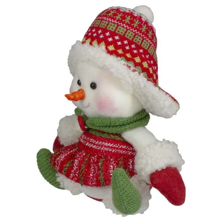 8" Red and Green Sitting Snowman Girl Christmas Figure