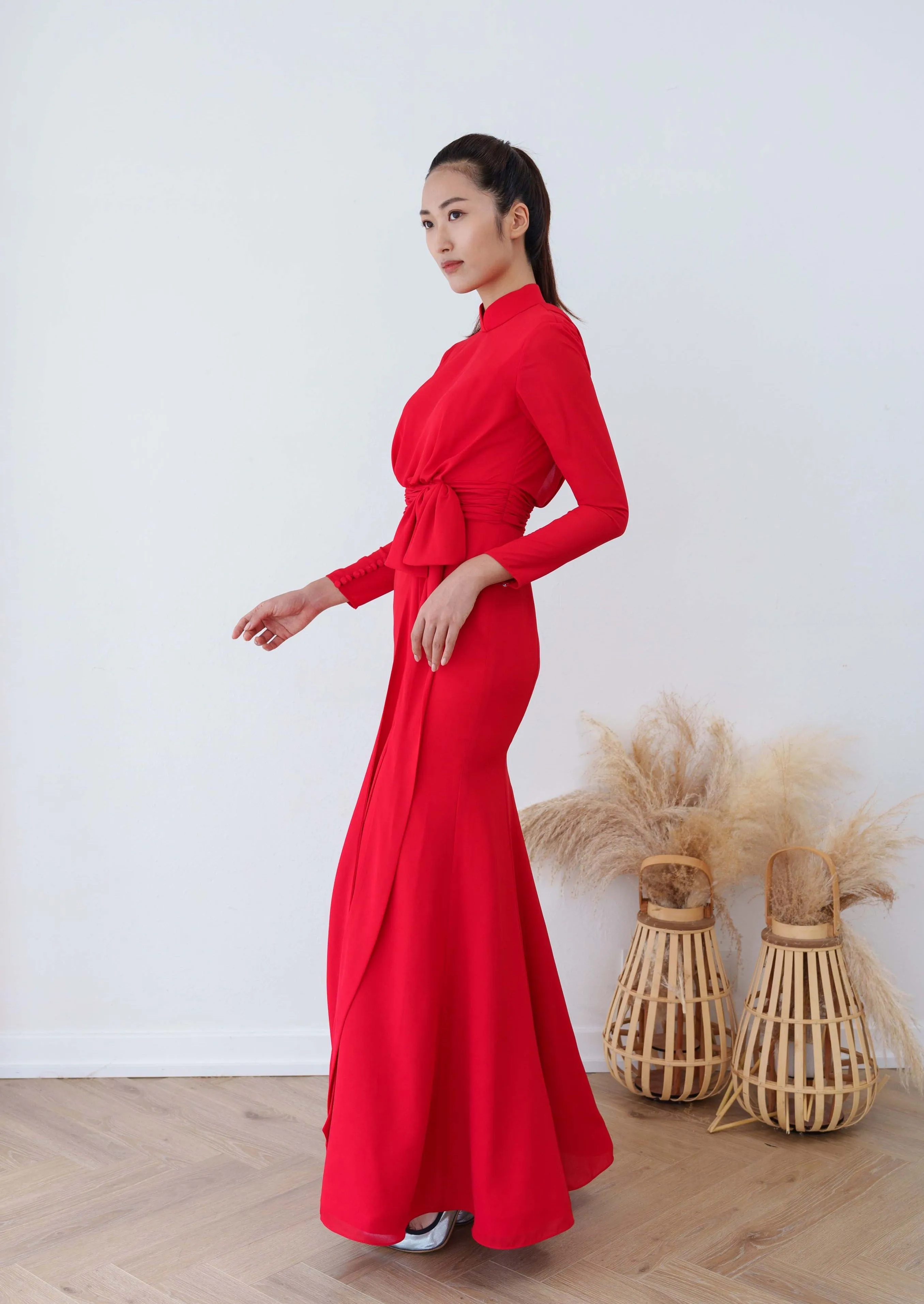 Acacia Long Sleeves Scoop Back Bridal Qipao - RTW