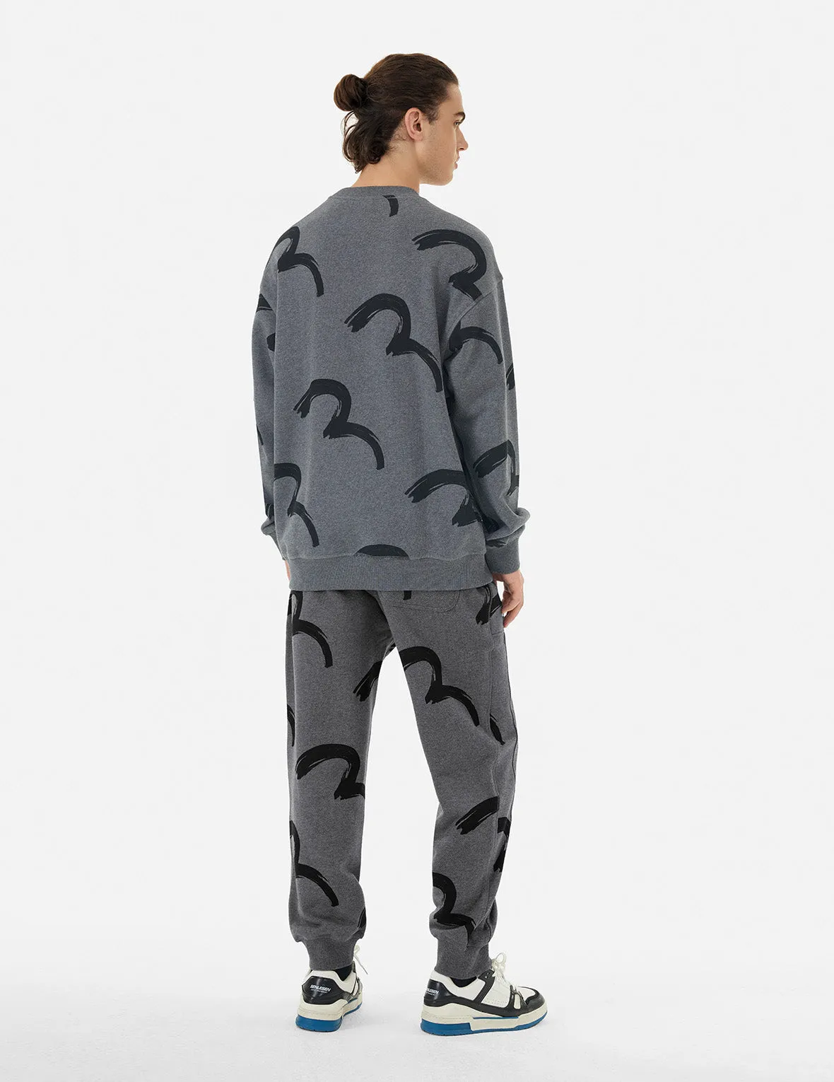 Allover Brushstroke Seagull and Logo Print Straight Fit Sweatpants