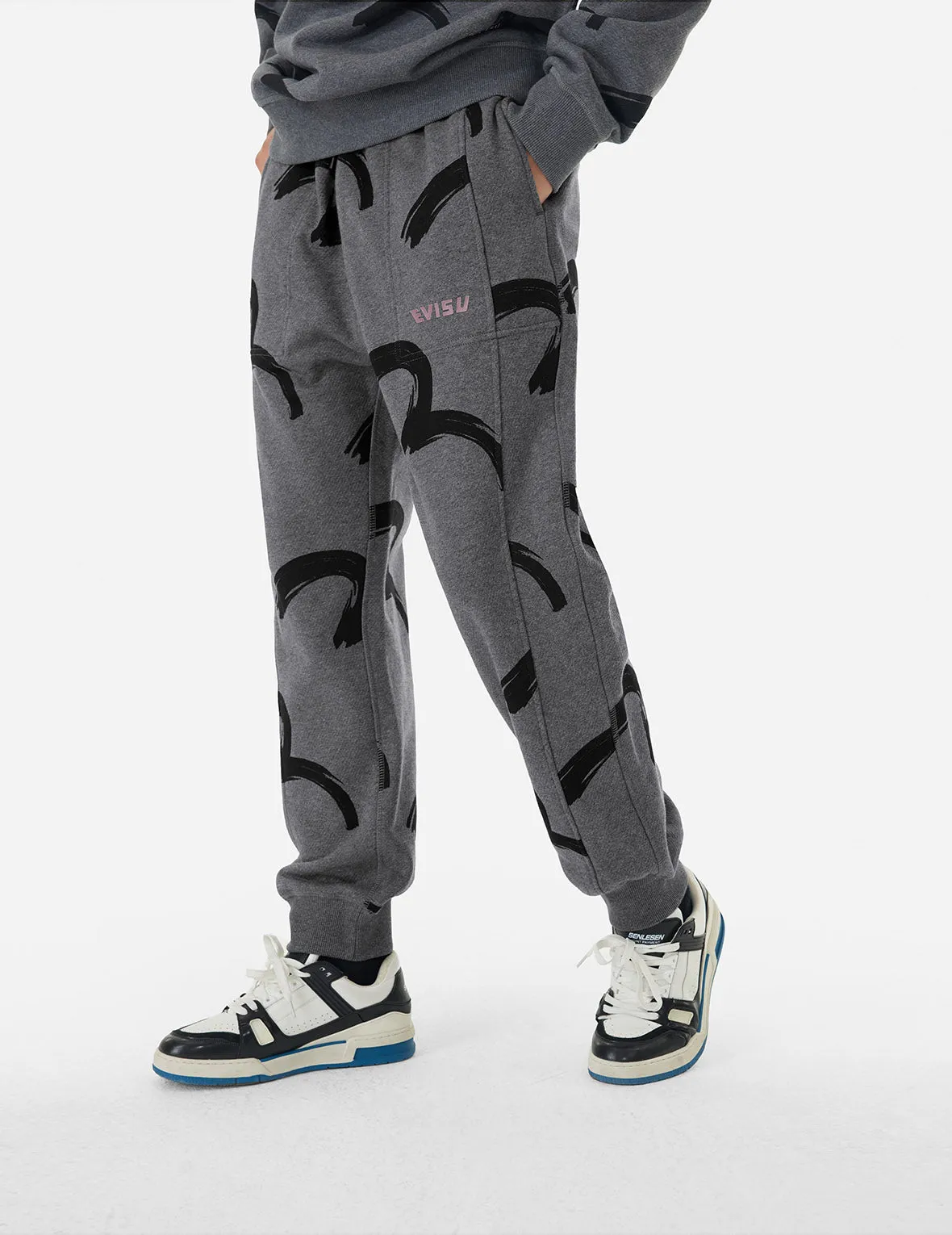 Allover Brushstroke Seagull and Logo Print Straight Fit Sweatpants