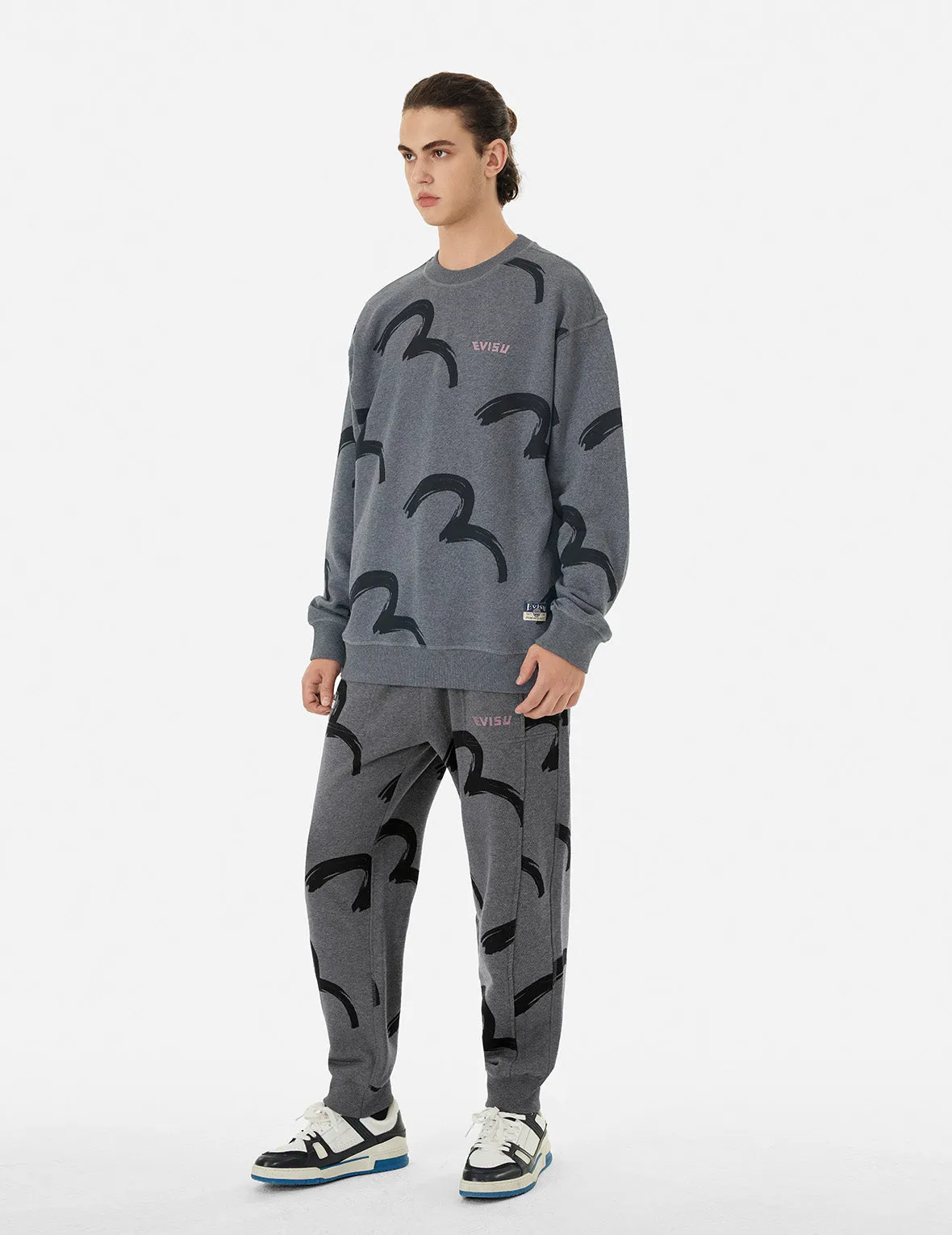 Allover Brushstroke Seagull and Logo Print Straight Fit Sweatpants