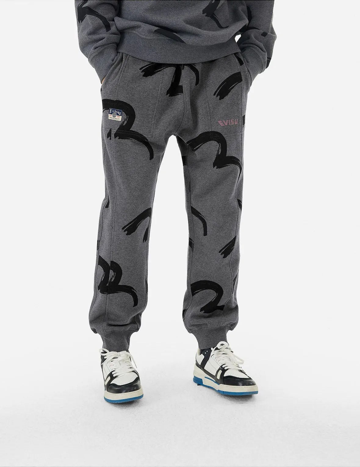 Allover Brushstroke Seagull and Logo Print Straight Fit Sweatpants