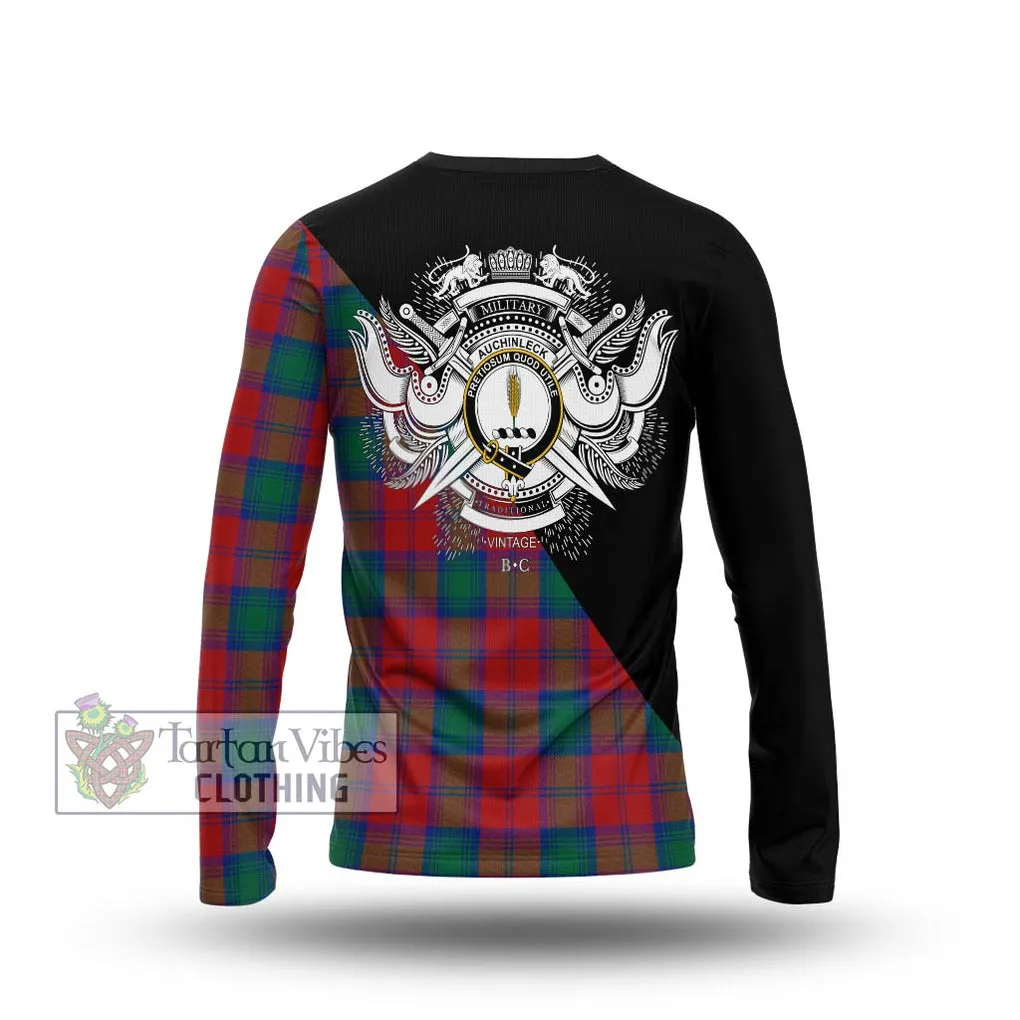 Auchinleck (Affleck) Tartan Long Sleeve T-Shirt with Family Crest and Military Logo Style