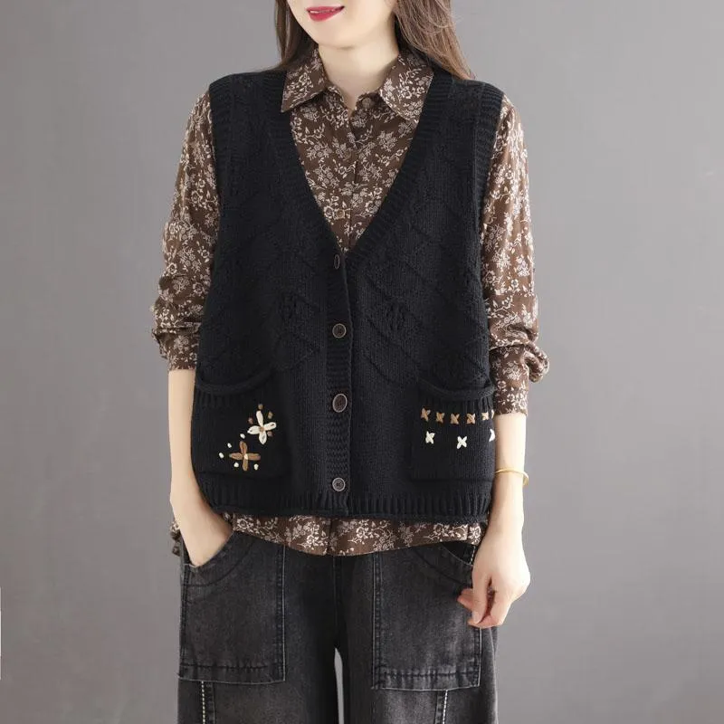 Autumn Retro Hollow Loose Cotton Knitted Vest