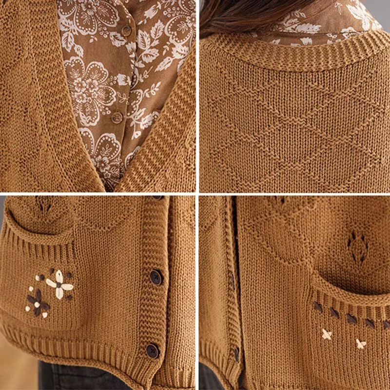 Autumn Retro Hollow Loose Cotton Knitted Vest