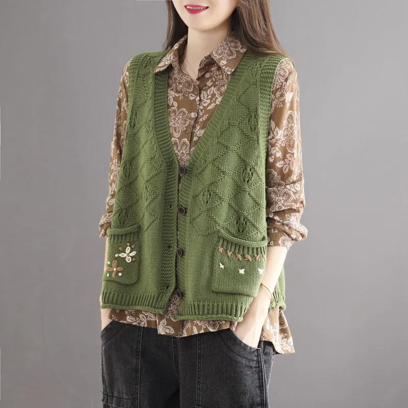 Autumn Retro Hollow Loose Cotton Knitted Vest