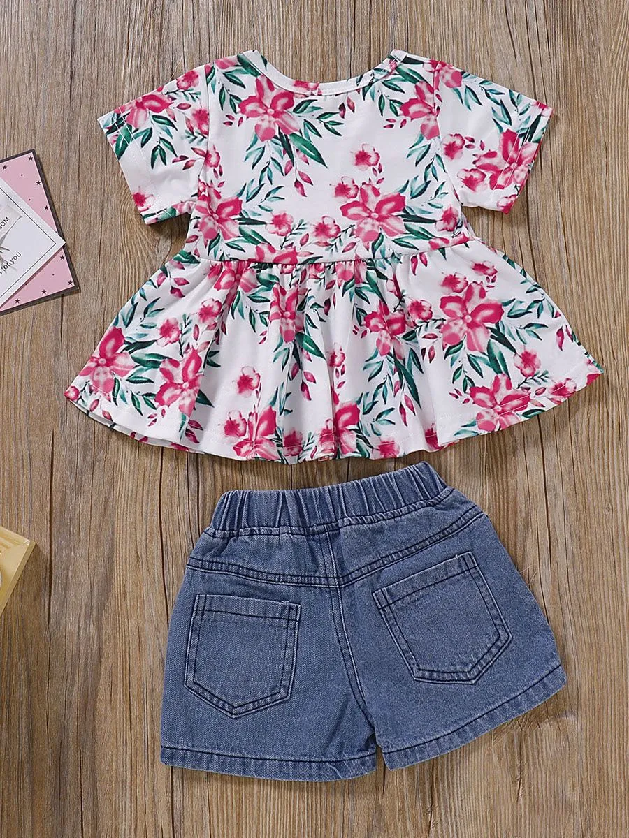 Baby Girl 2-Piece Outfit Flower Tunic Matching Ripped Short Jeans