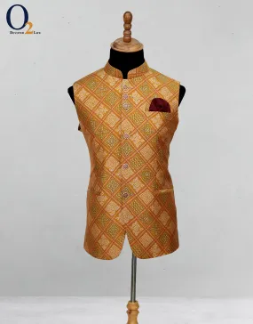 Beige Art Silk Slim Fit Men's Ethnic Vest