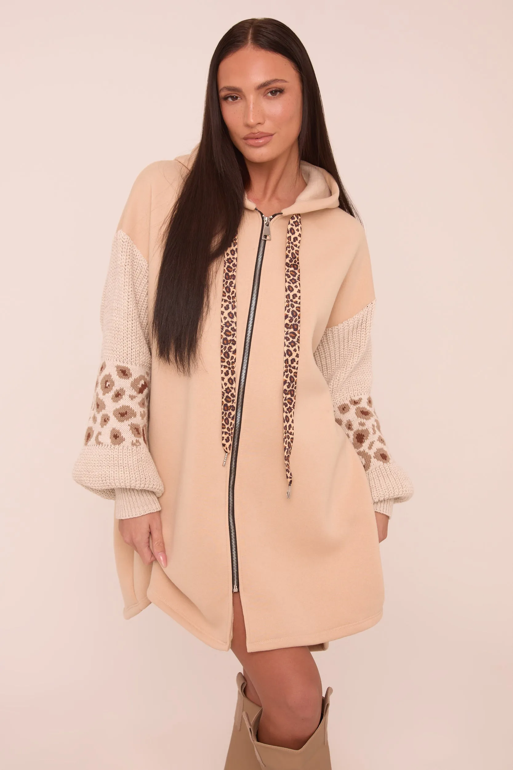 Beige Leopard Print Zip Front Oversized Jumper Dress - Hallie