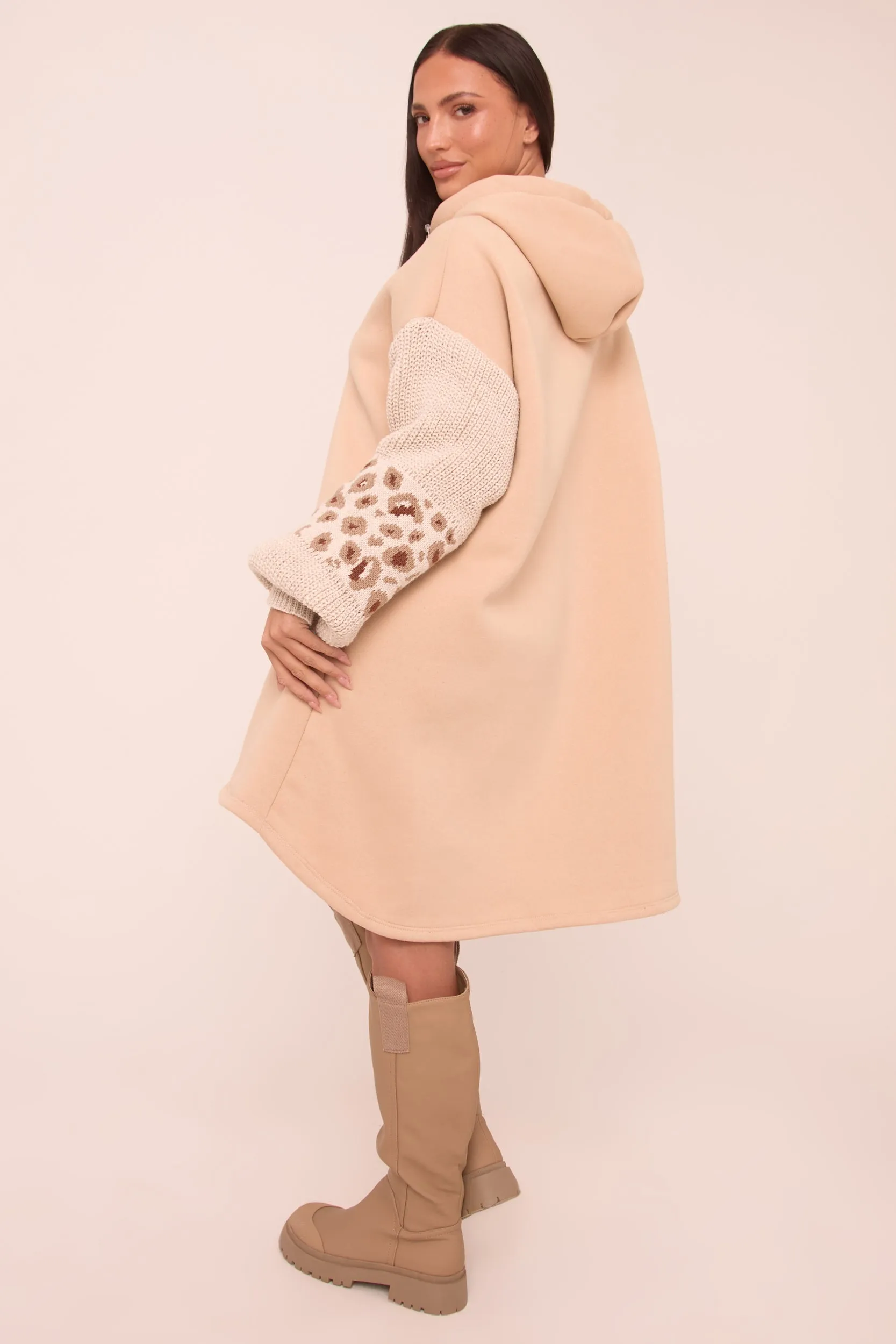 Beige Leopard Print Zip Front Oversized Jumper Dress - Hallie