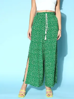 Berrylush Women Green & White Floral Printed Mid-Rise Tie-Up Waist Side-Slit Tapered Regular Trousers