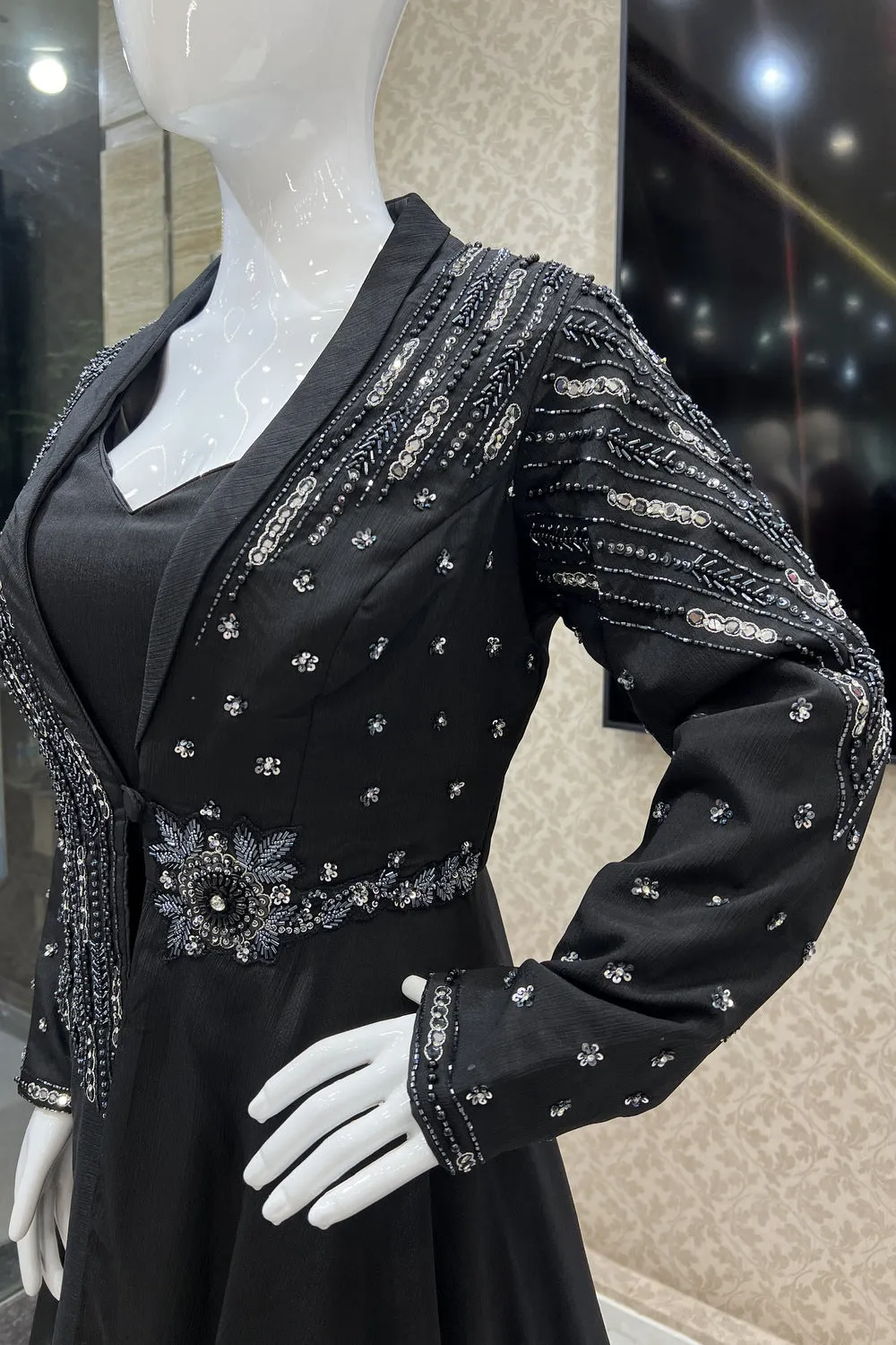 Black Beads, Pearl and Mirror work Overcoat Styled Indo Western Floor Length Anarkali Suit