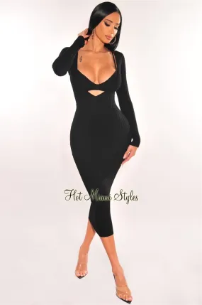 Black Ribbed Knit Plunge Neck Long Sleeve Midi Dress   Bralette