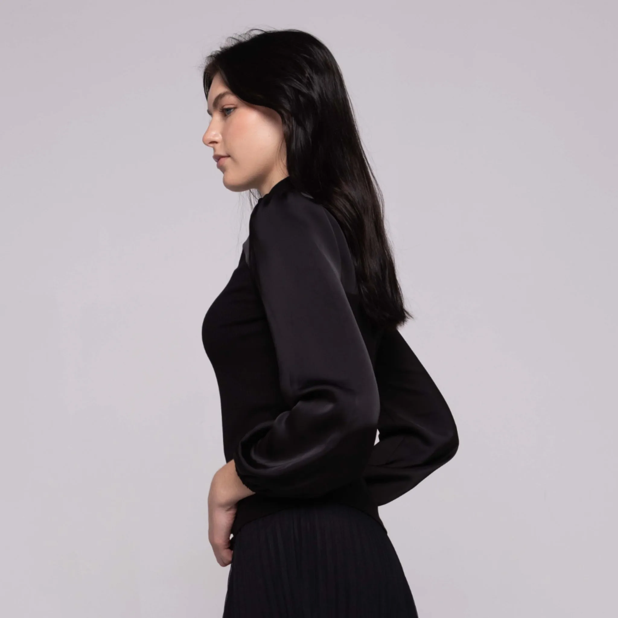 Black Ribbed Satin Sleeve Top