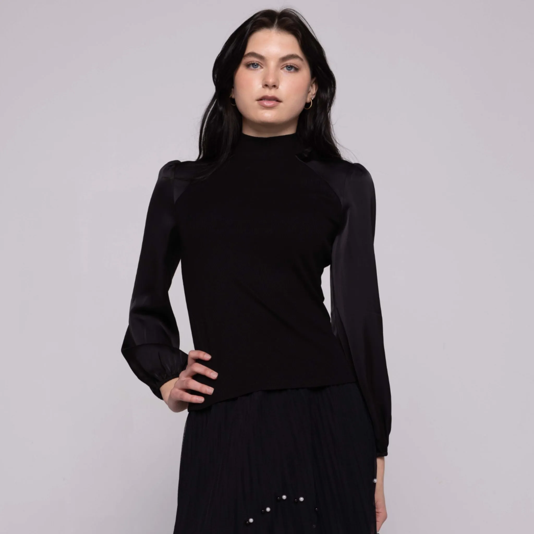 Black Ribbed Satin Sleeve Top