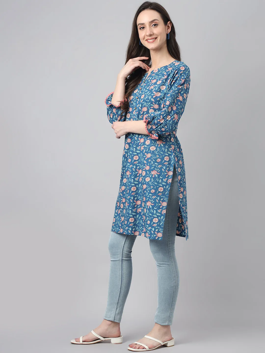 Blue Cotton Floral Print Tunic  - By Janasya