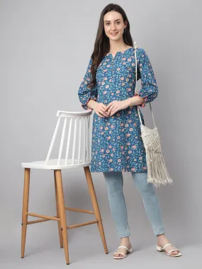 Blue Cotton Floral Print Tunic  - By Janasya