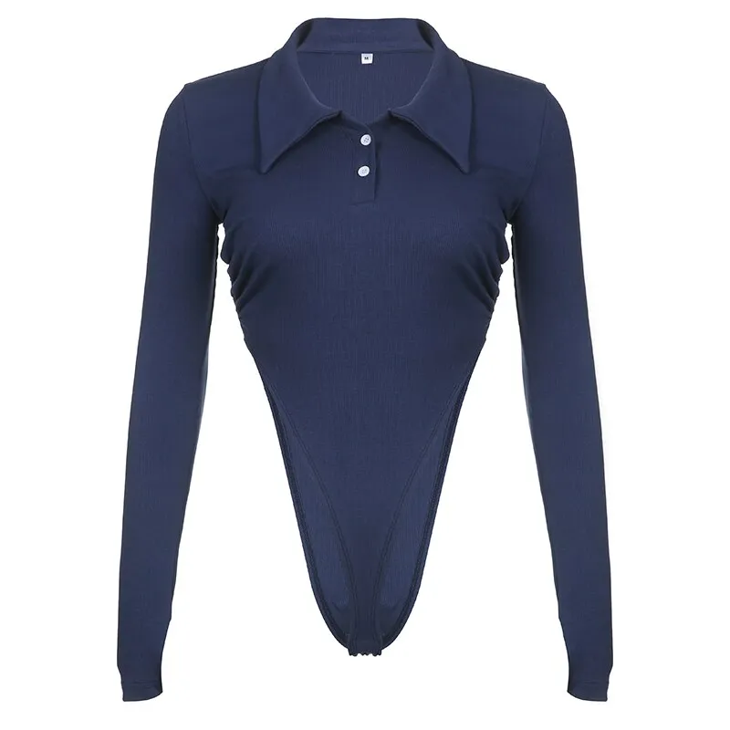 Blue Turn-Down Collar Long-Sleeve Bodysuit