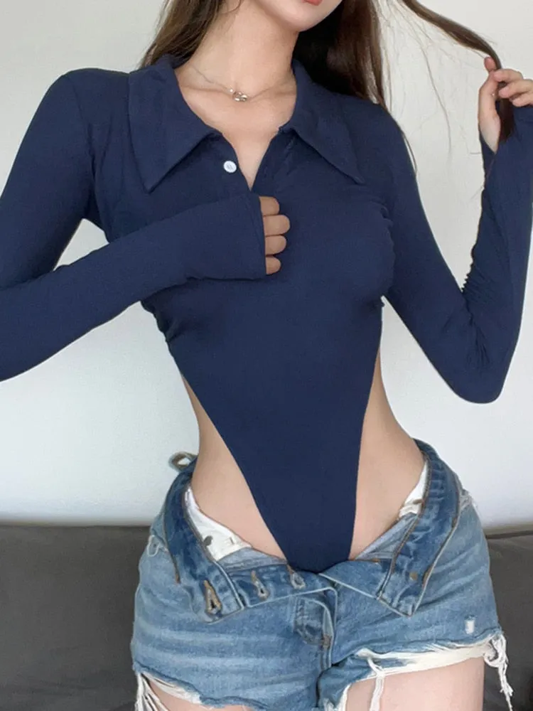 Blue Turn-Down Collar Long-Sleeve Bodysuit