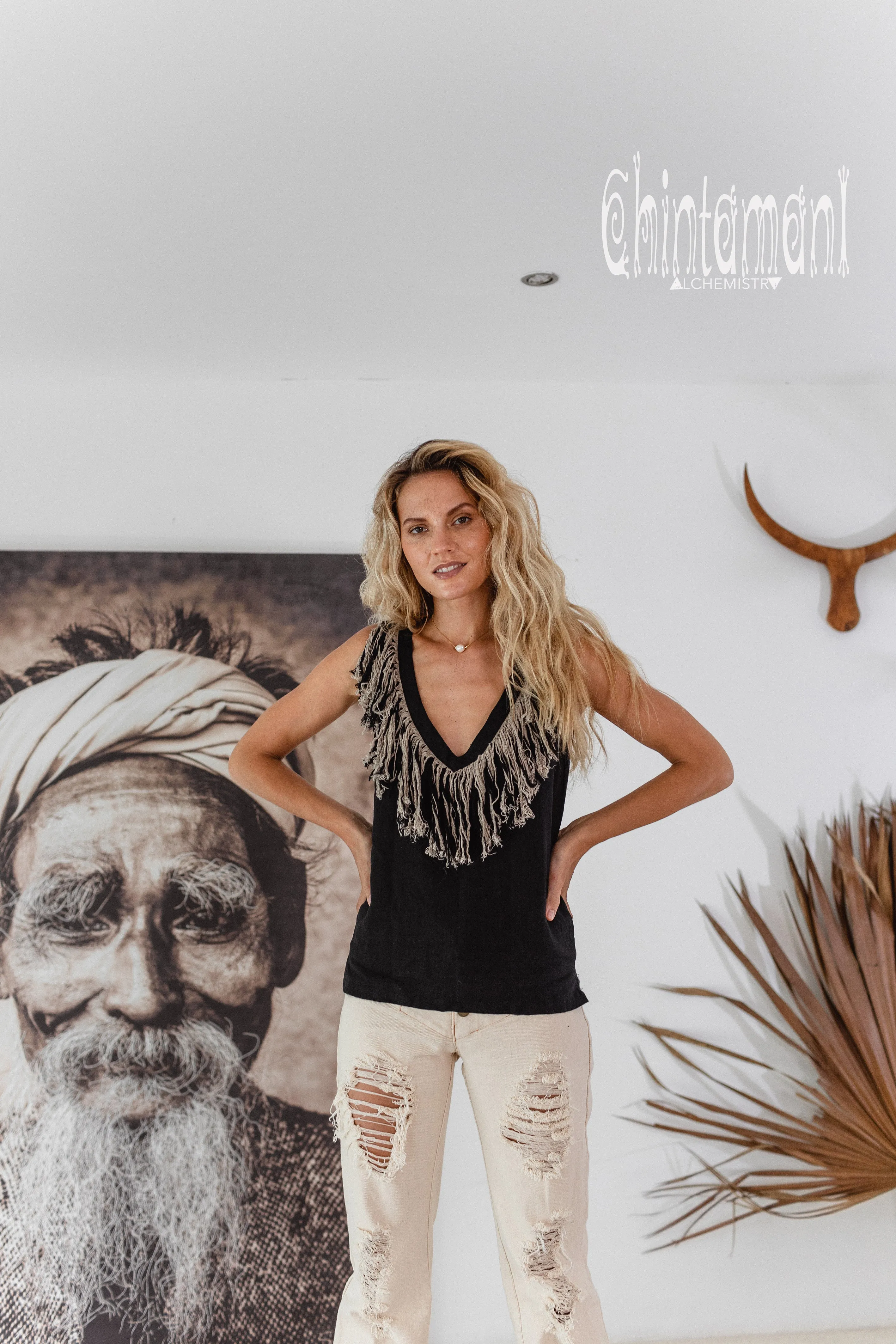 Boho Linen Tank Top with Fringes / Black