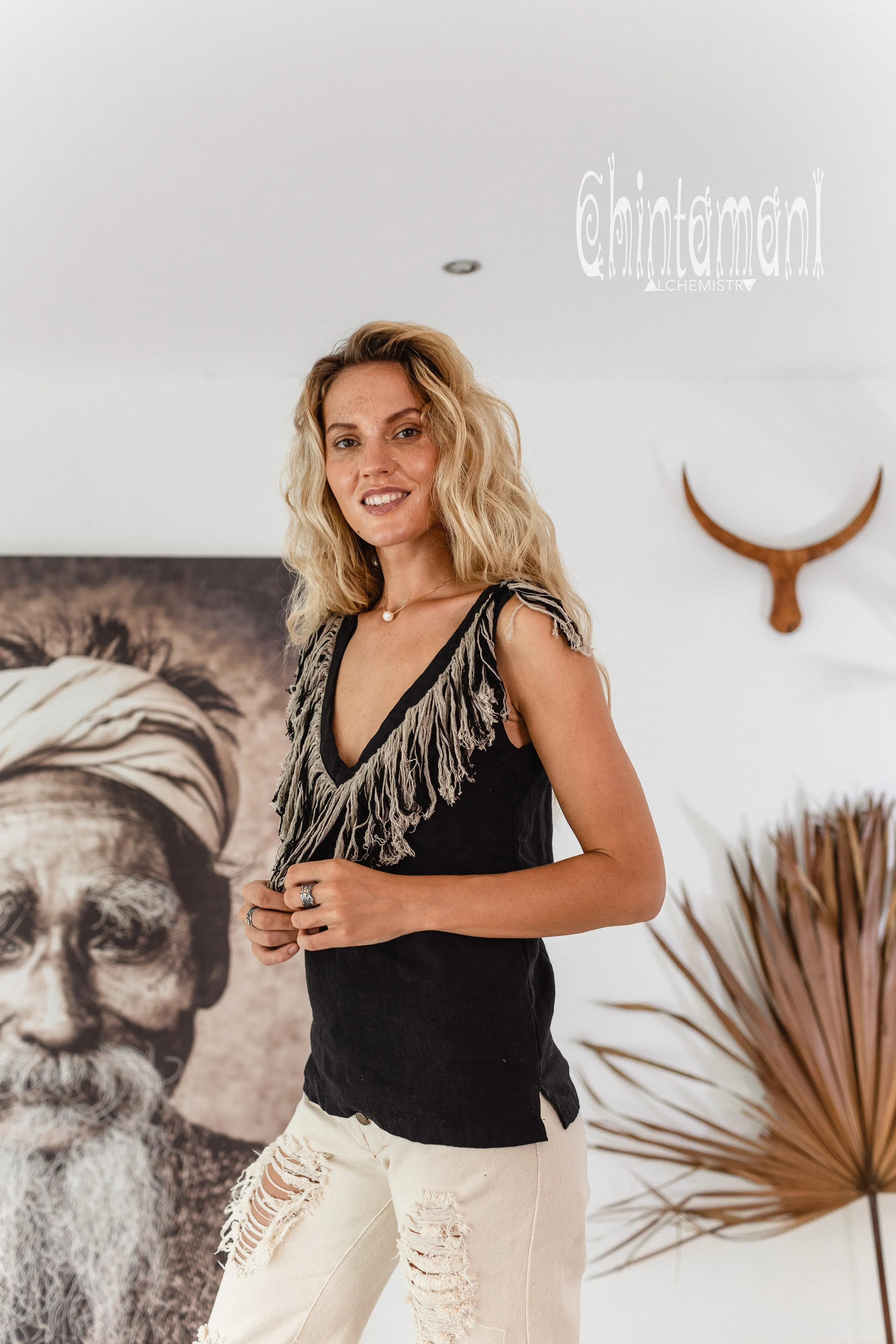 Boho Linen Tank Top with Fringes / Black