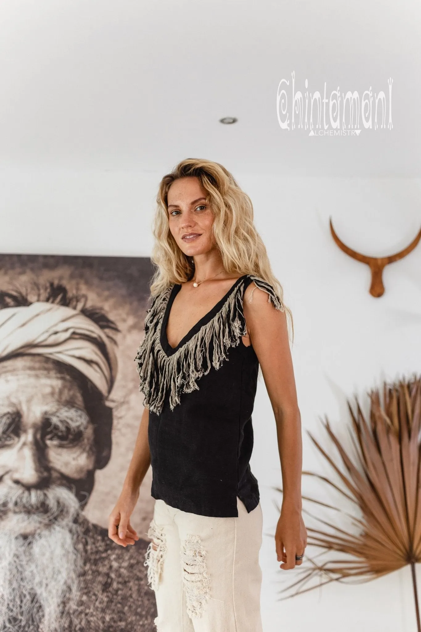 Boho Linen Tank Top with Fringes / Black