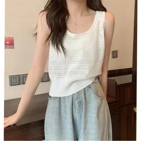 Bonnyshow Summer Casual Pullover Tank Women's Loose Knitted Top Gentle Bohemian Vacation Beach Hollow Out Vest Blouse Sun Protection Lace