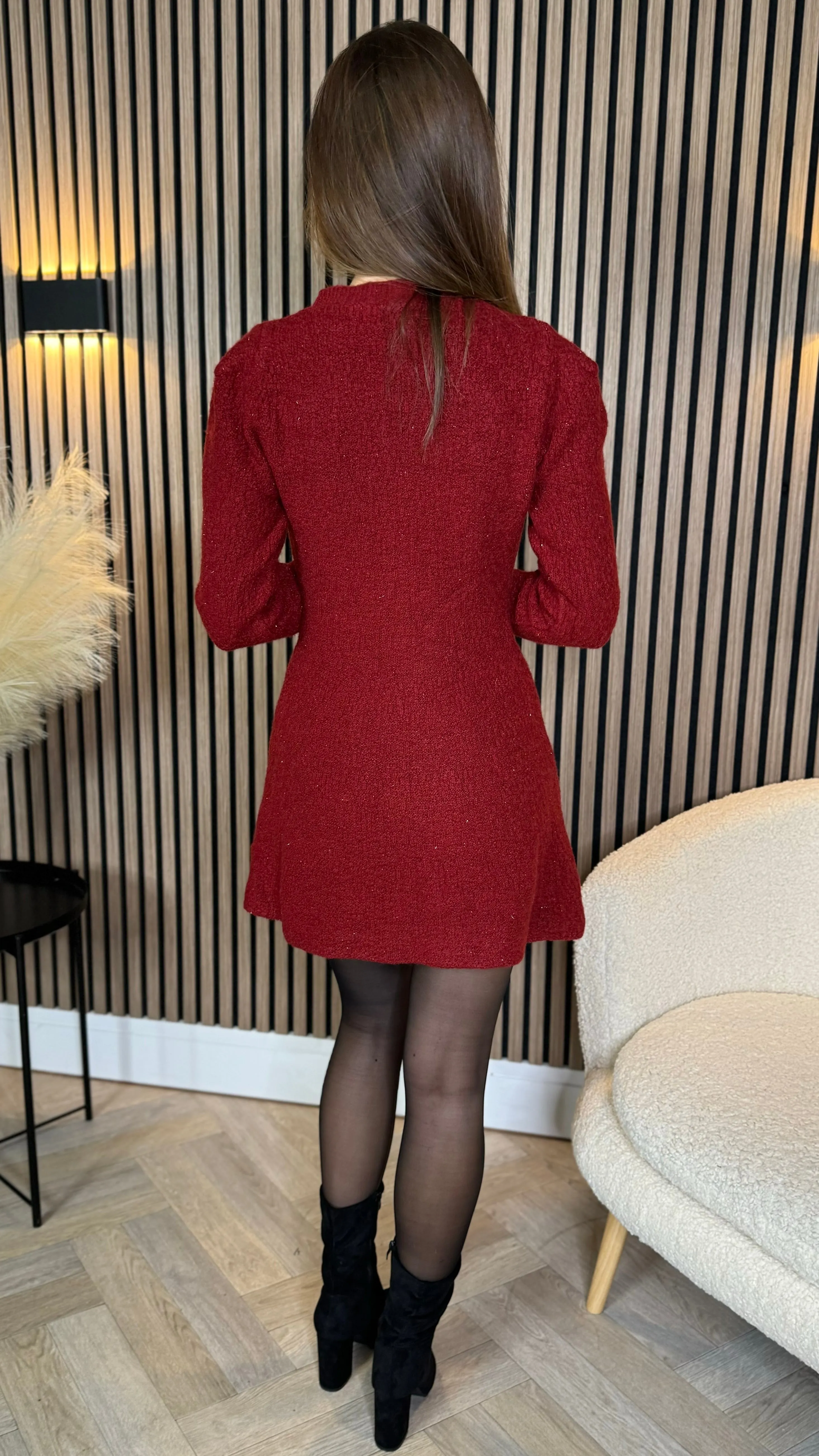 Brionna Burgundy Pearl Button Down Knit Mini Dress