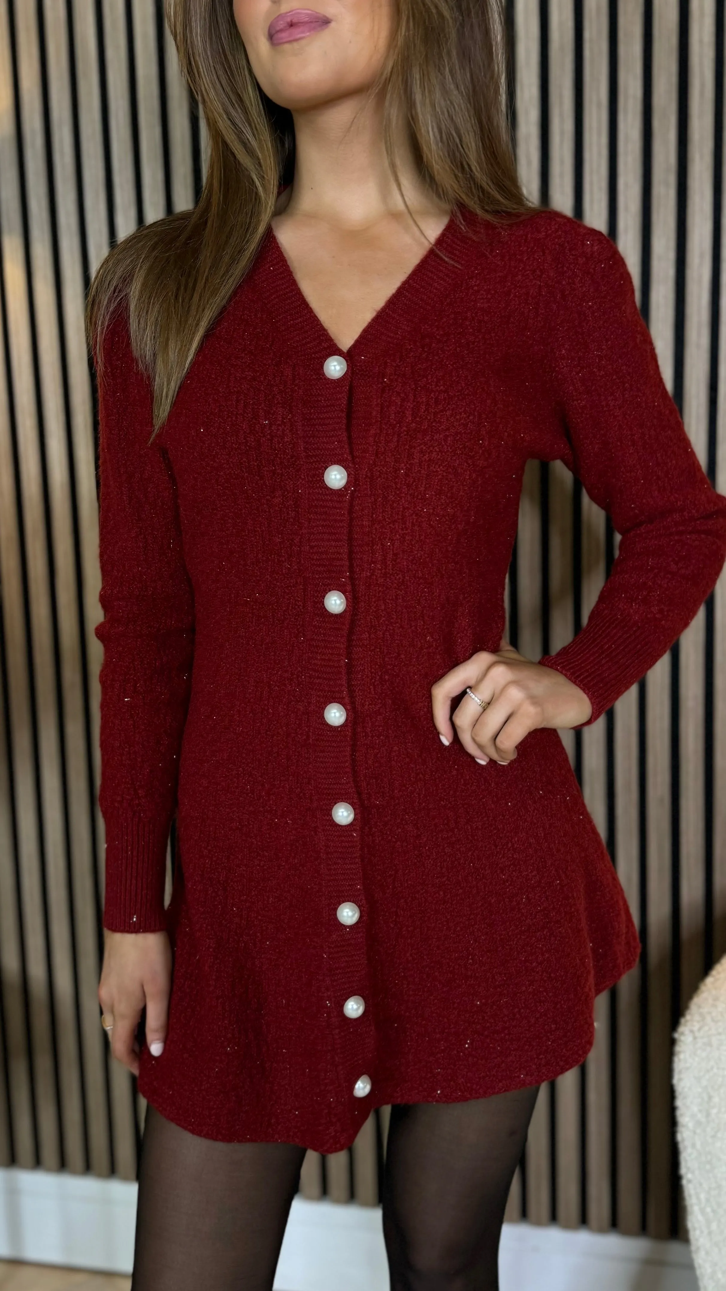 Brionna Burgundy Pearl Button Down Knit Mini Dress