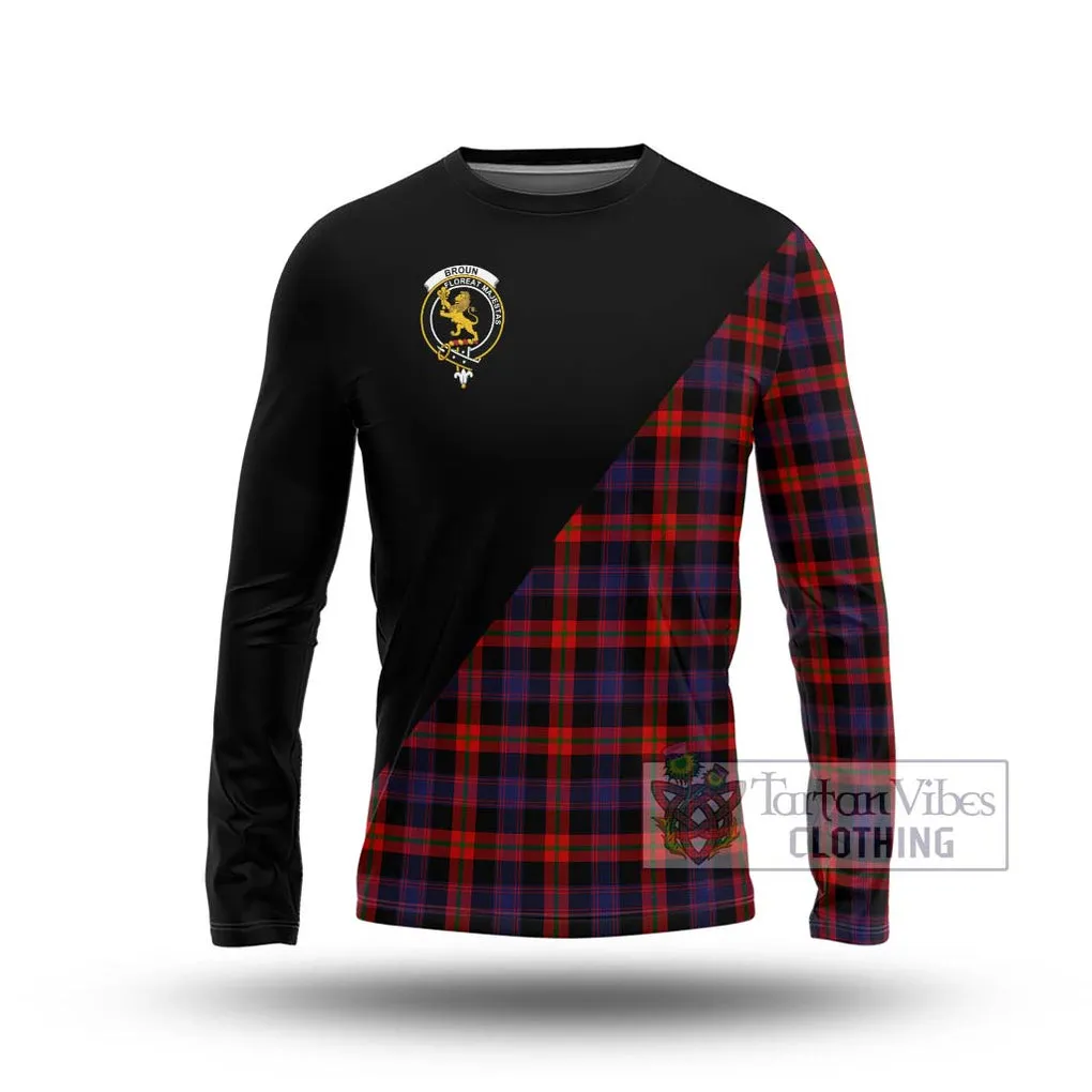 Broun Modern Tartan Long Sleeve T-Shirt with Family Crest and Military Logo Style