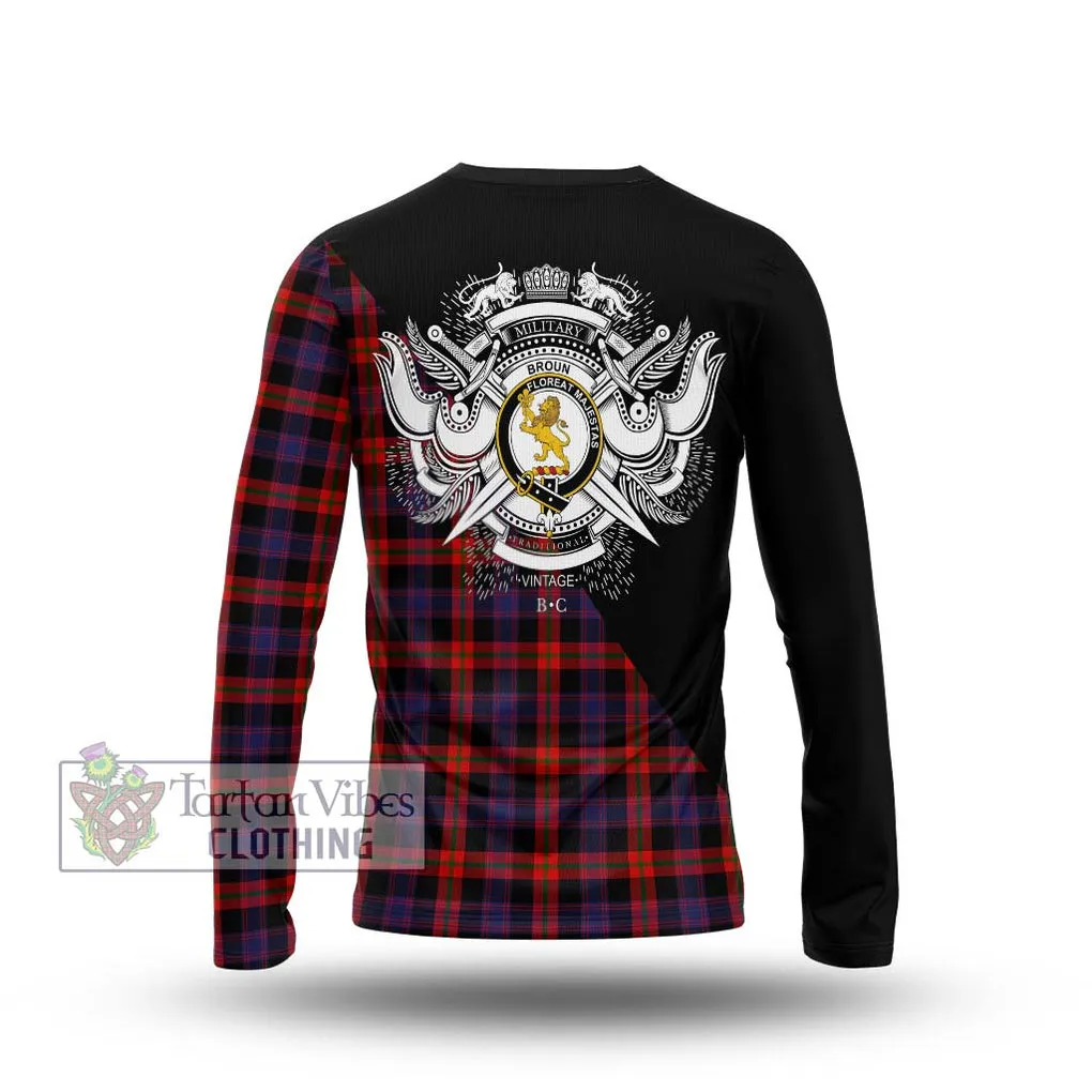 Broun Modern Tartan Long Sleeve T-Shirt with Family Crest and Military Logo Style