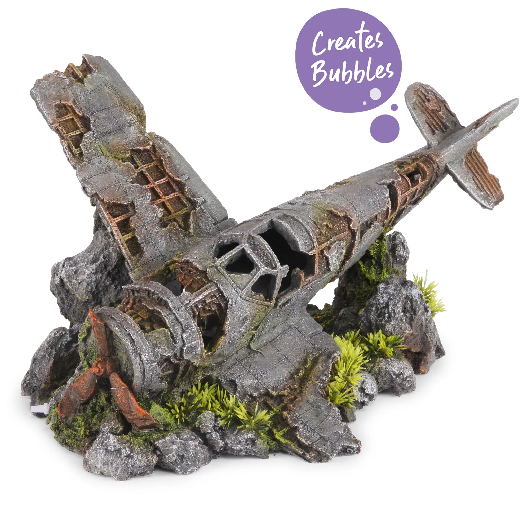 Bubbling Crashed Plane With Plants Fish Tank Ornament