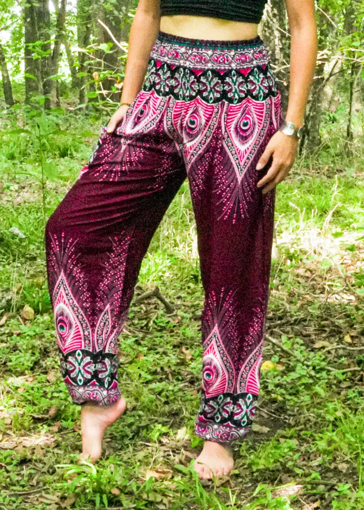 Burgundy Peace Peacock Harem Pants