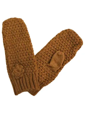 Camel Crochet Knit Mittens With Rosette