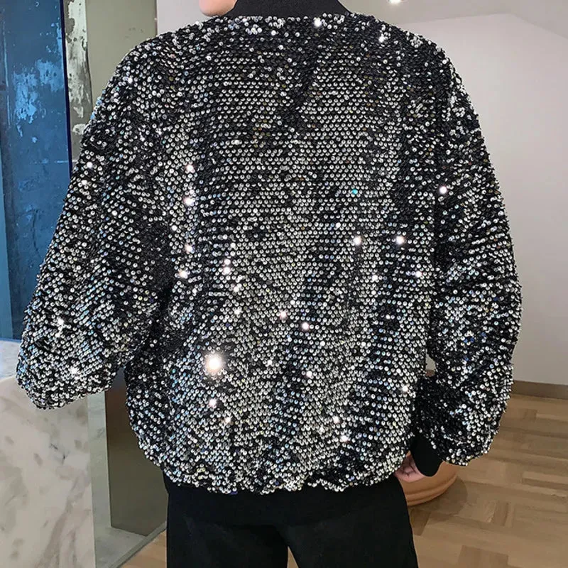 Casual Sequin men coat long sleeve lapel jacket korean fashion long sleeve zipper temperament male tops