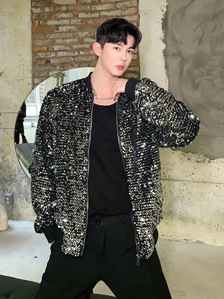 Casual Sequin men coat long sleeve lapel jacket korean fashion long sleeve zipper temperament male tops