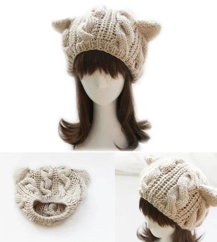 Cat ears cute hats for women brand knitting warm korean fashion hot selling lovely beanies winter knitted cap