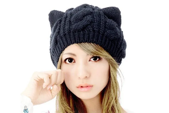 Cat ears cute hats for women brand knitting warm korean fashion hot selling lovely beanies winter knitted cap