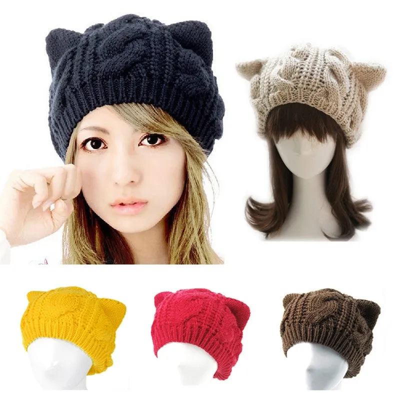 Cat ears cute hats for women brand knitting warm korean fashion hot selling lovely beanies winter knitted cap