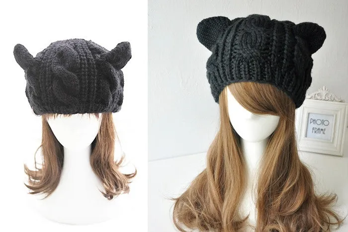 Cat ears cute hats for women brand knitting warm korean fashion hot selling lovely beanies winter knitted cap